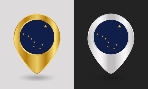 Alaska flag pin icons in gold and silver vector