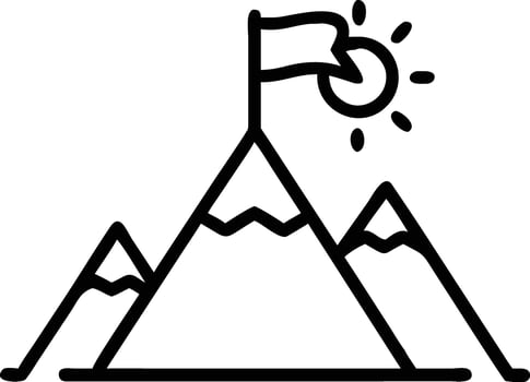 Line Icon of Mountain with Flag and Rising Sun art Symbol for Achievement, Adventure, and Outdoor Exploration vector
