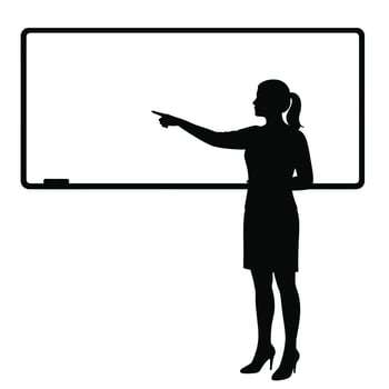A silhouette of a woman pointing at a whiteboard vector