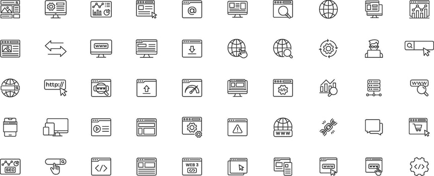 Website line icon set. Contain icons related to Containing web design, internet, content, SEO, hosting, blog, homepage, e-commerce line icon collection set vector