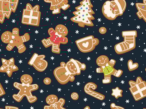 Gingerbread cookies and festive decorations pattern vector