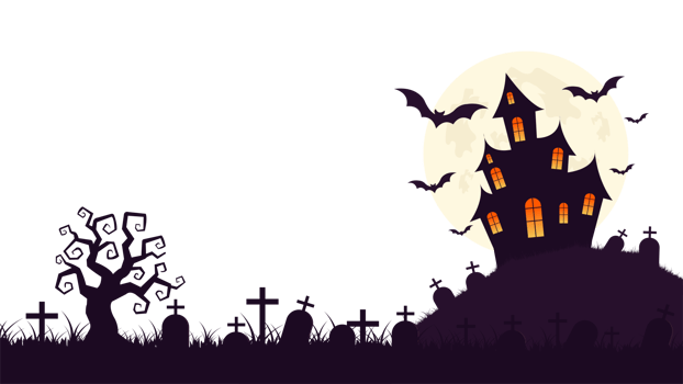 Halloween banner depicting witch flying on broomstick with haunted house, bats, pumpkins, and full moon. Perfect for party invitations, posters, social media promotions, and seasonal event png