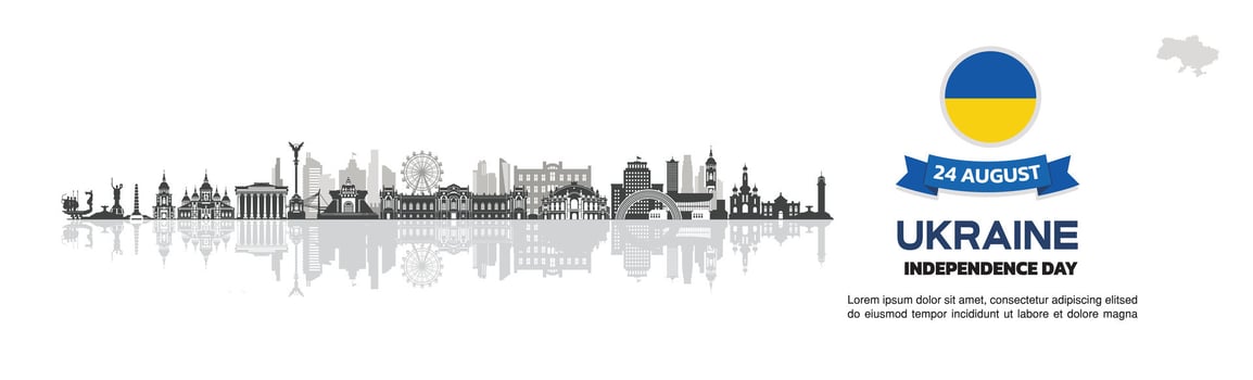 ukraine Independence Day Design with buildings and icons, Background, Design, Greeting, Template and ukraine skyline greeting. 24th August design with swiss map and flag vector
