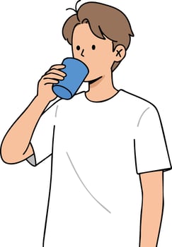 Young man drinking beverage from blue cup simple illustration in casual white t-shirt natural pose vector