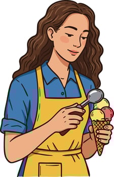 Woman serving colorful ice cream cone with scoop in yellow apron and blue shirt illustration vector