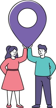 Couple holding large purple location pin symbol for navigation and map concept illustration vector
