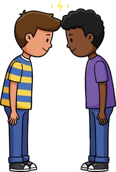 Two boys facing each other showing friendship and connection with light bulb idea moment in cartoon style illustration vector