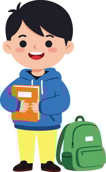 Smiling boy holding book with green backpack standing in casual clothing illustration vector