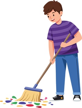 Boy Sweeping Floor with Broom Cleaning Colorful Confetti Pieces Indoor Household Activity Illustration vector