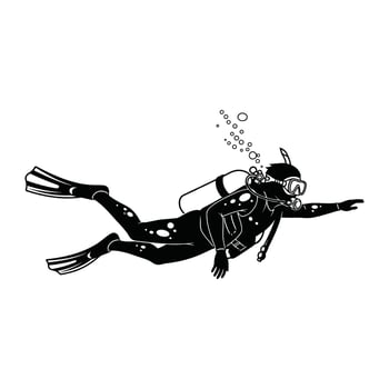 Art of scuba diver swimming underwater with bubbles, isolated on white background vector