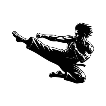 Art of dynamic karate fighter performing a powerful kick isolated on white background vector