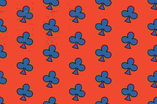 Spade poker card seamless pattern on red background for merchandise. Blue clubs playing card colorful doodle pattern background. Casino clubs card suit isolated motif wallpaper. Illustration vector