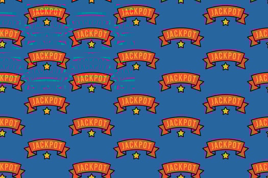 Jackpot ribbon seamless pattern on blue background for merchandise. Casino win banner colorful doodle pattern background. Gambling lottery victory isolated motif wallpaper. Illustration vector