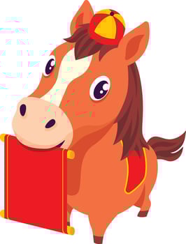 Chinese New Year 2026. Year of the Horse. Cartoon Horse with Empty Chinese Scroll Illustration vector