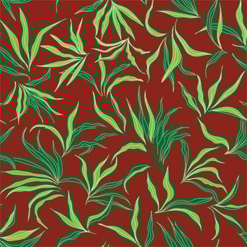 A beautiful decorative print pattern of green leaves with dark green outlines on a warm brown background, showcasing a lively botanical design, surface design can use in pillow, dress, scarf. vector