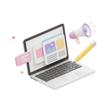 A laptop with a megaphone and a pencil png