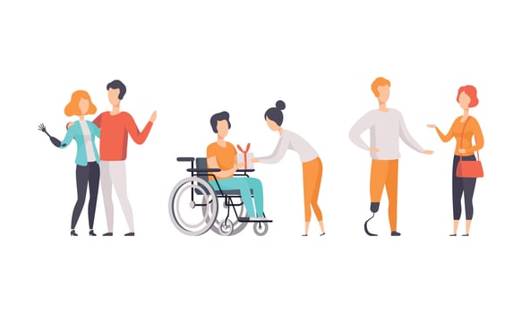 Happy Disabled People Having Good Time with their Friends Set, Support, Accessibility, Active Lifestyle Concept Flat Illustration vector