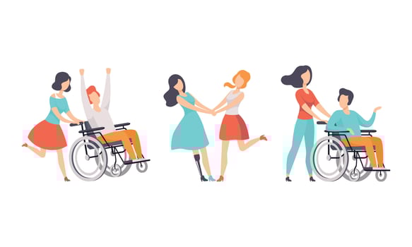 Disabled People Spending Good Time with their Friends Set, Happy People with Disability, Support, Accessibility, Active Lifestyle Concept Flat Illustration vector