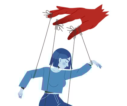 Puppet manipulation illustration in blue and red vector