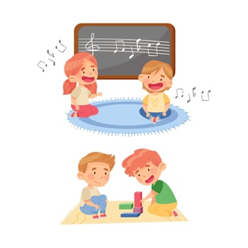 Cute kids playing and learning in kindergarten set. Children singing and playing toy blocks cartoon illustration vector