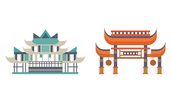 Asian Traditional Buildings Set, Ancient Eastern Cultural Objects, Pagoda Palace Traditional Temple Facades Flat Illustration vector