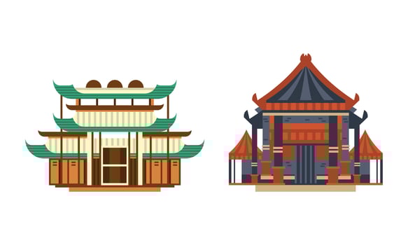 Asian Traditional Architectural Buildings Set, Ancient Eastern Cultural Objects, Pagoda Palace Temple Facades Flat Illustration vector