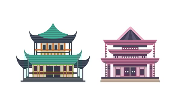 Japanese or Chinese Traditional Buildings Set, Ancient Asian Cultural Objects, Pagoda Palace Facades Flat Illustration vector