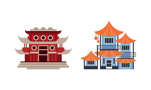 Japanese or Chinese Traditional Buildings Set, Ancient Asian Cultural Objects Facades Flat Illustration vector