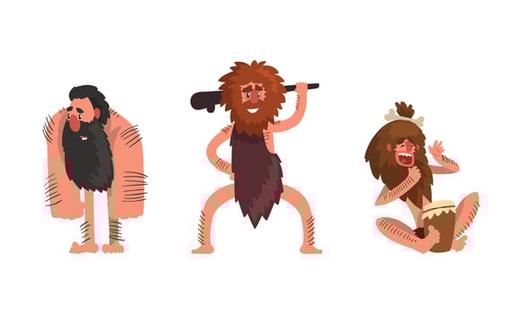 Primitive Caveman Characters Set, Funny Stone Age Archaic Men Dressed in Animal Skin Cartoon Illustration vector