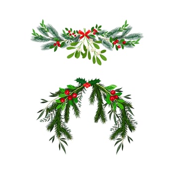 Winter Fir Branches Arranged with Mistletoe Berry Twigs and holly berry Semicircular Illustration Set vector