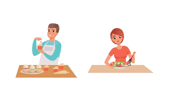 People Cooking in the Kitchen Set, Man and Woman Cooking Cupcakes and Salad Cartoon Illustration vector