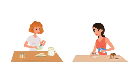 People Cooking in the Kitchen Set, Young Women Kneading Dough, Cooking Porridge Cartoon Illustration vector