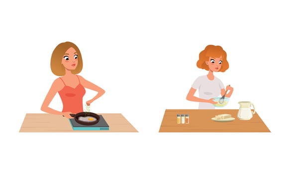 People Cooking in the Kitchen Set, Young Women Frying Eggs and Kneading Dough Cartoon Illustration vector