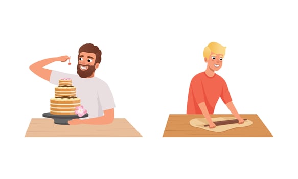 People Cooking in the Kitchen Set, Young Men Baking and Making Cake Cartoon Illustration vector