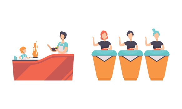 People Taking Part on TV Show Set, TV presenter and Boy Cooking on Culinary Show, Participants of TV Quiz Answering Questions Cartoon Illustration vector