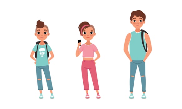 Teenage Boys and Girl Standing with Backpacks, Stage of Growing up of People Cartoon Illustration vector