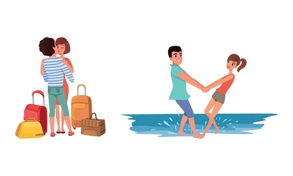 Romantic Couples Travelling on Summer Vacation Set, Happy Man and Woman Kissing and Holding Hands on the Beach Illustration vector