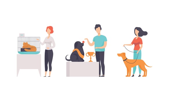 Pet Show Exhibition Set, Owners with Purebred Dogs and Cats Taking Part in Competition Illustration vector