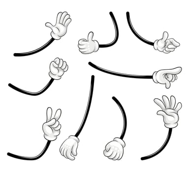 Gloved hand showing various gestures set. Hand in white glove doing ok, thumbs up, high five sign illustration vector