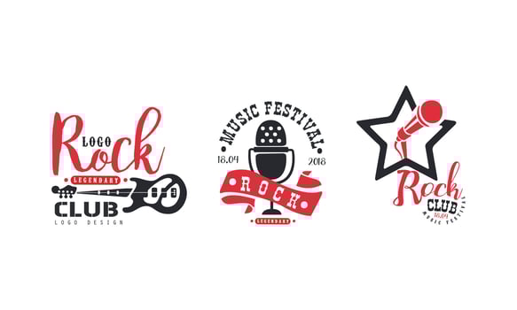Rock Club Logo Design Set, Legendary Music Festival Retro Badges Illustration vector