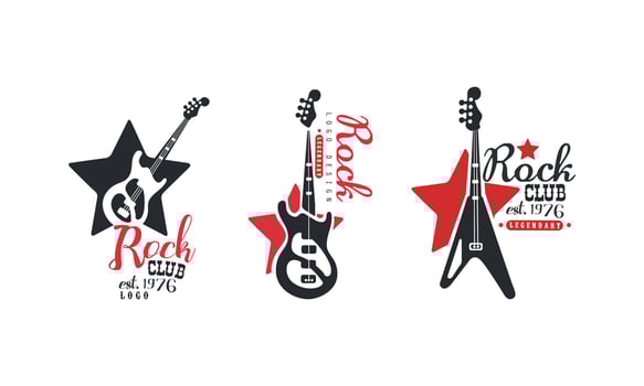 Rock Club Logo Design Set, Audio Record, Sound Studio Retro Badges Illustration vector