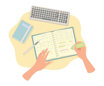 Hands using planner and stationery items vector