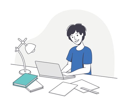 Student working on laptop at desk vector