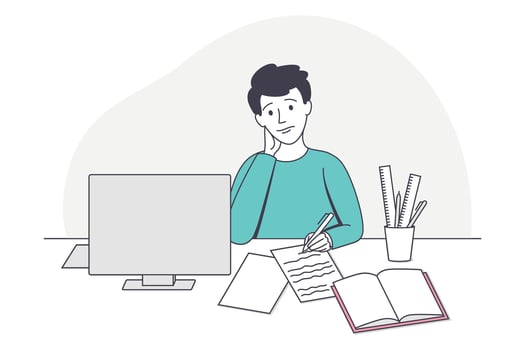 Boy School Pupil Doing Homework Sitting at Desk Writing Essay on Sheet of Paper Illustration vector