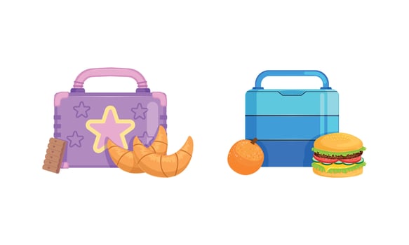 School Lunch Boxes Set, Healthy Food Packages with Croissant, Cookie, Burger Illustration vector