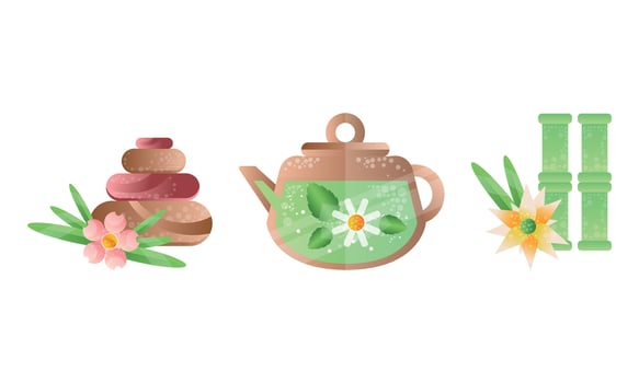 Spa and Beauty Salon Symbols Set, Chamomile Tea in Teapot, Green Bamboo Stems, Massage Stones Illustration vector