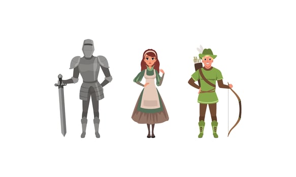 Medieval Characters Dressed Ancient Clothes Set, Armored Knight, Handmaid, Archer with Bow Illustration vector
