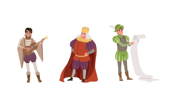 Medieval Characters Dressed Ancient Clothes Set, Royal Scribe, Musician, Majestic King Illustration vector