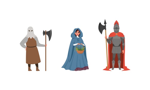 Medieval Characters Dressed Ancient Clothes Set, Executioner, Armed Knight, Woman Citizen of Medieval City Illustration vector