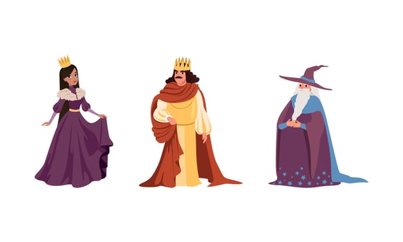 Medieval Characters Dressed Ancient Clothes Set, Majestic King, Queen, Old Male Wizard Illustration vector